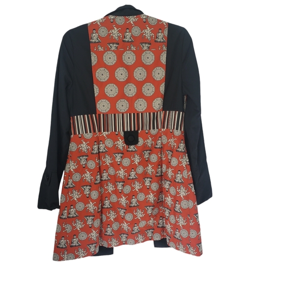 Bendita Seas Long Jacket Lined Coat Size 12 Large Black Red Hindi Buddah Patern - Picture 3 of 5